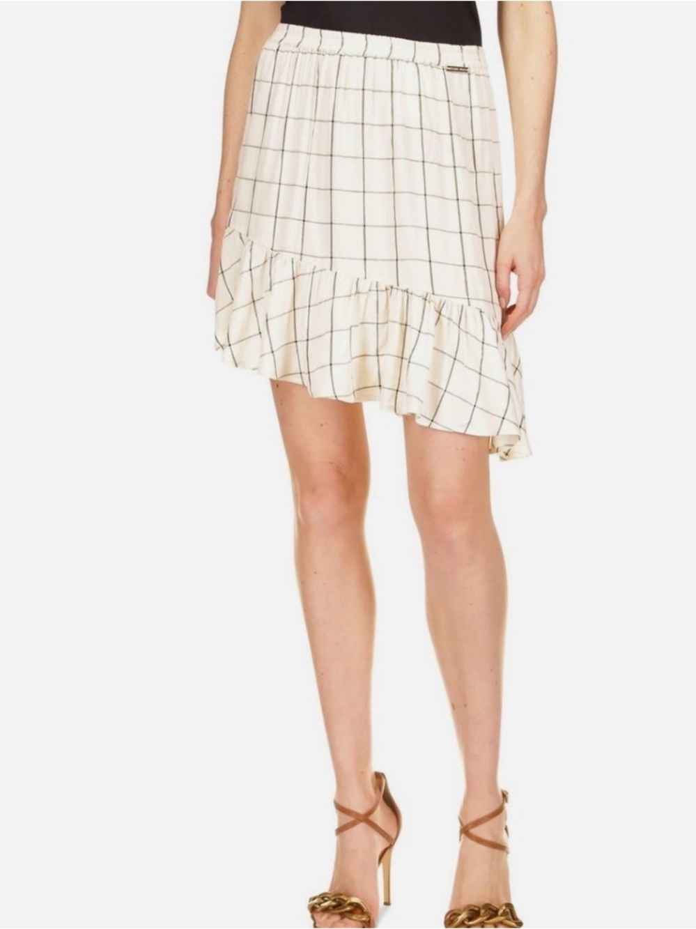 Michael Kors Cream Windowpane Asymmetrical Ruffle Skirt